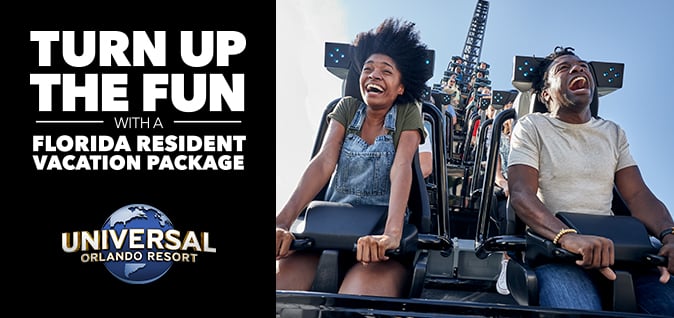 Roller coaster image. Text: Turn up the fun with a Florida Resident Vacation Pacakge. 